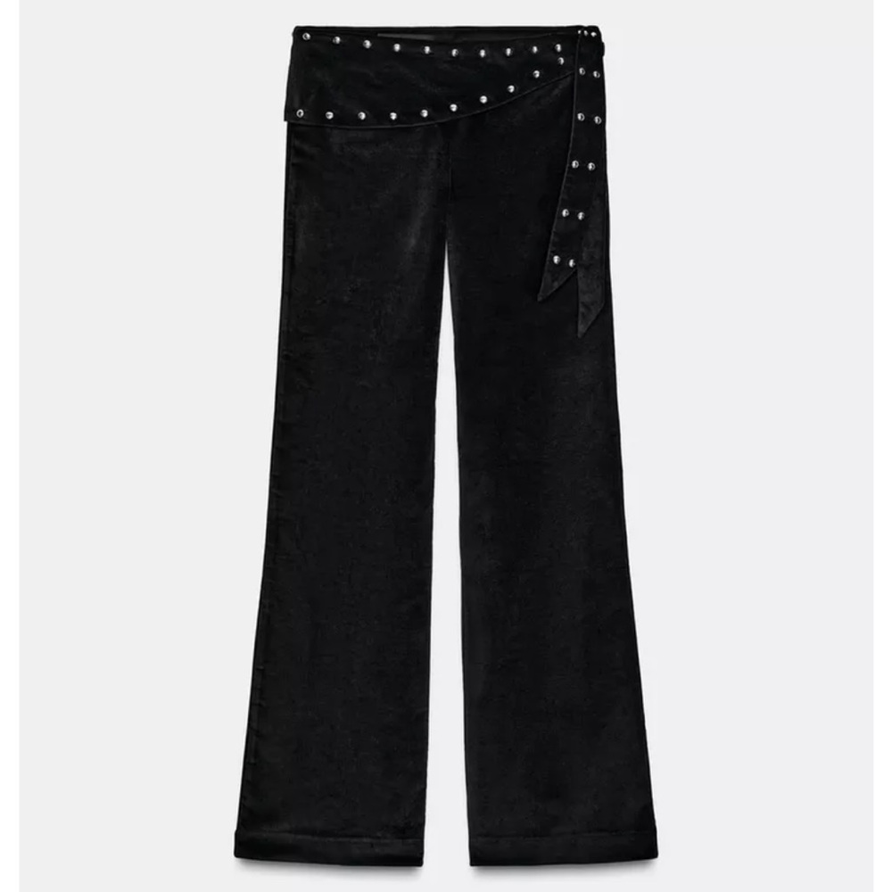 Zara low waist Suede Black Wide-Leg Pants with Studded Tie!